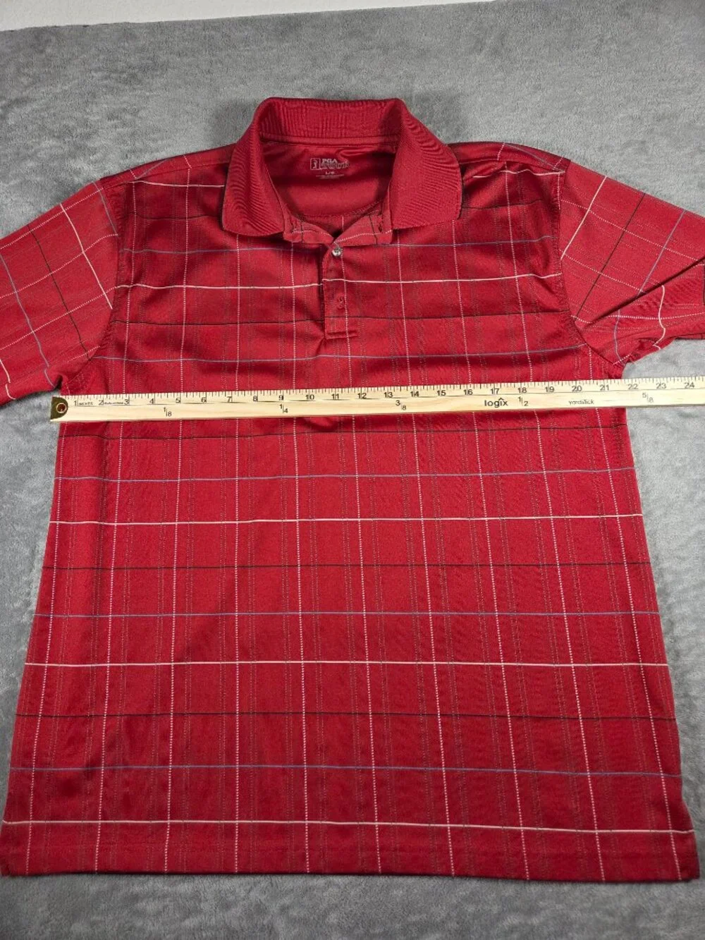 Men's PGA Tour Short Sleeve Red Windowpane Plaid Golf Polo Shirt Size L